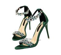Open Toe Rhinestones Sandals Women Designer High Heels Female Shoes Summer Heeled Satin One Word Belt(368-1 Green,39)