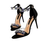 Open Toe Rhinestones Sandals Women Designer High Heels Female Shoes Summer Heeled Satin One Word Belt(368-1 Black,40)