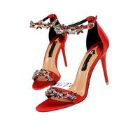 Open Toe Rhinestones Sandals Women Designer High Heels Female Shoes Summer Heeled Satin One Word Belt(368-1 Red,37)