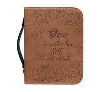 OPENARTUP Funda para la Biblia marrón para mujer, funda de transporte de la Biblia de piel sintética con asa y cremallera, accesorios de transporte, God is Within Her She Will Not Fall