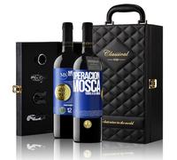 «Operación mosca todos a la mierda» Mensaje en una Botella. Estuche-Maletín de LUJO 2x Vino Tinto Premium Reserva 12 Meses y Set de 4 Accesorios. Etiqueta Azul PERSONALIZABLE