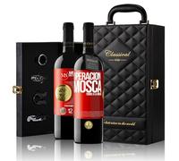 «Operación mosca todos a la mierda» Mensaje en una Botella. Estuche-Maletín de LUJO 2x Vino Tinto Premium Reserva 12 Meses y Set de 4 Accesorios. Etiqueta Roja PERSONALIZABLE