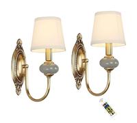 Operated Wall Sconces Lights 2 Pack, ed Antique Brass Wall Lights with & Remote, No Wiring Vintage Ceramic Lamp for Living Room Bedroom Farmhouse Fireplac