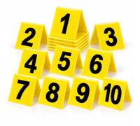 Operitacx 10 marcadores de acrílico para decoración de escena del crimen y | Números del 1 al 10, marcadores en V amarillos con números negros, impresos por ambos lados, 6,3 x 5,5 x 0,2 cm
