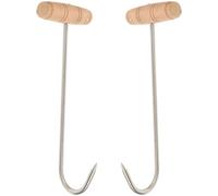 Operitacx Gancho de Carnicero T de Acero Inoxidable Mango de Madera para Sujetar Carne Pesada, Portátil, Adecuado para Barbacoa y Fiestas, Paquete de 2 Unidades