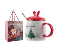 Operitacx Juego de Taza de Cerámica Navideña Diseño Elaborado Tapa y Cuchara en Caja Decorativa y Material Cerámico para Fiesta de Navidad