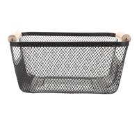 Operitacx Organizador de Cesta Metálica Rejilla Negra y Asa de Madera, Cesta Rectangular Pequeña para Almacenamiento en Cocina y Baño, Estilo Escandinavo Funcional