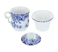 Operitacx Taza de Té Vintage de Porcelana Azul Clásica Filtro y Tapa, Cerámica Delicada y Resistente, Adecuado para Oficina y Uso Diario