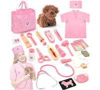 Ophy Maletin Medicos Juguete, Peluche Perro Maletin Medico Juguete de Madera,con Real Estetoscopio esfigmomanómetro,Doctor Bata Gorro,Juego de rol Doctora Juguetes Halloween Regalo Niña Niño 3-5 Años