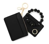 OPIGJUFD Monedero De Pulsera con Llavero De Borla Cartera con Tarjetero de identificación Cuero PU Pulsera y Brazalete Cuentas borlas Rosadas for Mujer Saliendo(B6 Black)