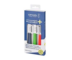 Opinel - Estuche Trio Los Esenciales +, 1 Cuchillo Serrado, 1 Cuchillo de Cocina, 1 Pelador - Hoja de Acero Inoxidable - Mango de Polímero Robusto - Apto para Lavavajillas