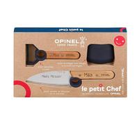 Opinel Le Petit Chef Juego de cuchillos de cocina infantiles con mango de madera, 3 piezas, grabado personal, pelador, inoxidable, protección de dedos, regalo (azul)