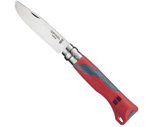 Opinel - N°07 Cuchillo Outdoor Junior Multifuncional - Hoja de Punta Redonda de 8 cm en Acero Inoxidable, Mango de Polímero y Fibra de Vidrio - Silbato de 110 dB, Alcance de 300 m - Rojo