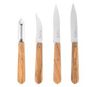 Opinel - Set de 4 Cuchillos de Cocina Esenciales de Olivo - N°112 Cuchillo de Chef, N°113 Cuchillo Serrado, N°114 Cuchillo para Verduras, N°115 Pelador - Mango de Madera de Olivo