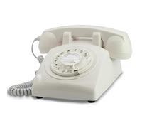 Opis 60s Cable: El teléfono Fijo Retro, un clásico Dispositivo Vintage con dial de Disco, Que evoca el Encanto Antiguo Blanco