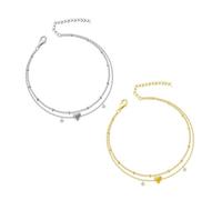 OPIURVY Tobilleras ajustables de plata 925 multicapa impermeables para mujer, 2 piezas, para playa