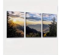 OPLKJHGF Cuadro decorativo de pared con diseño de amanecer en la montaña y bosque, con estampado de paisaje de picos y valles, ideal para la sala de estar (40x60cmx3/Sin marco).