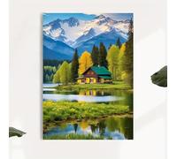 OPLKJHGF Cuadro decorativo de pared con imagen de una cabaña de montaña junto a un lago alpino, con reflejo en un pico nevado y un bosque. Decoración luminosa para sala de estar (40x60cm/sin marco).