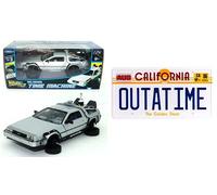 OPO 10 1:24 Coche + réplica a tamaño Completo de la matrícula Outatime de Las Ruedas voladoras Delorean de la película Back TO The Future 2 (PF09)