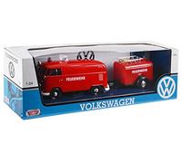 OPO 10 - Furgoneta en Miniatura reproducida a Escala 1/24 Compatible con VW Combi Type 2 T1 Bombero Alemán con Remolque - Motormax 79671