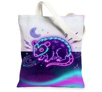 Opossum - Bolsa de lona para mujer, diseño futurista de neón, luna, estrellas, violeta cósmica, lavable, reutilizable, bolsa de mercado, ideas para viajes de compras, oficina, biblioteca, casual, 13 x