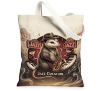 Opossum - Bolsa de lona para mujer, jazz vintage, saxofón, piano, jazz, marrón, lavable, reutilizable, bolsa de mercado, ideas para familiares, amigos, colegas, lectura, amor, 13 x 15 pulgadas