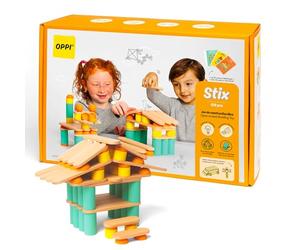 OPPI - Stix - Juego Educativo de Madera y Silicona - con folleto de Instrucciones - 108 Piezas - 50 Tarjetas de Descarga - 2-12 años