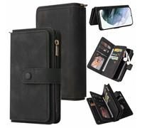 OPPO Reno 12F 5G - Funda de piel para OPPO Reno 12F 5G, a prueba de golpes, con cremallera, con 15 ranuras para tarjetas, hebilla magnética, función atril para OPPO Reno 12F 5G, color negro