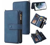 OPPO Reno 12F 5G - Funda de piel para OPPO Reno 12F 5G, a prueba de golpes, con cremallera, con 15 ranuras para tarjetas, hebilla magnética, función atril para OPPO Reno 12F 5G, color azul