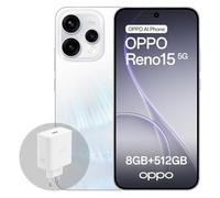 OPPO Reno15 5G Android-Smartphone, 8+512 GB, pantalla AMOLED de 6,59 pulgadas 120 Hz HDR10+, retrato Vibe 3,5 X, batería 6500 mAh, Snapdragon 7 Gen 4, IP69, con cargador 80 W SuperVOOC, blanco Aurora