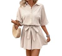 OPPOQ Mono Corto Fruncido con Botones y Cintura con Cordones para Mujer, de Media Manga, Informal, con Cuello Vuelto, para Verano 2025,Beige,XS