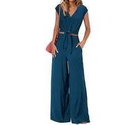OPPOQ Traje de pantalón Elegante con Cordones para Mujer, Conjunto de pantalón y Top para Mujer, Escote en V, Manga Corta, Color Liso, Alto,Armada,XXL