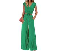OPPOQ Traje de pantalón Elegante con Cordones para Mujer, Conjunto de pantalón y Top para Mujer, Escote en V, Manga Corta, Color Liso, Alto,Verde,M