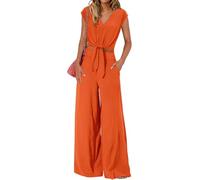OPPOQ Traje de pantalón Elegante con Cordones para Mujer, Conjunto de pantalón y Top para Mujer, Escote en V, Manga Corta, Color Liso, Alto,Naranja,XL