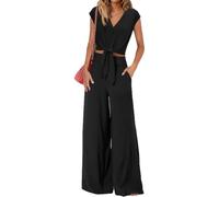 OPPOQ Traje de pantalón Elegante con Cordones para Mujer, Conjunto de pantalón y Top para Mujer, Escote en V, Manga Corta, Color Liso, Alto,Negro,XL