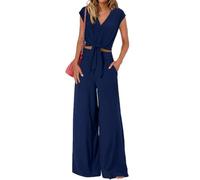 OPPOQ Traje de pantalón Elegante con Cordones para Mujer, Conjunto de pantalón y Top para Mujer, Escote en V, Manga Corta, Color Liso, Alto,Azul,L