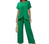 OPPOQ Traje Informal Liso para Mujer, Moda 2025, Cuello Redondo, Manga Corta, Top con Abertura Irregular, Pantalones con Cintura elástica, Conjunto de Dos Piezas,Verde,L