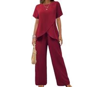 OPPOQ Traje Informal Liso para Mujer, Moda 2025, Cuello Redondo, Manga Corta, Top con Abertura Irregular, Pantalones con Cintura elástica, Conjunto de Dos Piezas,Rojo,L