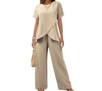 OPPOQ Traje Informal Liso para Mujer, Moda 2025, Cuello Redondo, Manga Corta, Top con Abertura Irregular, Pantalones con Cintura elástica, Conjunto de Dos Piezas,Beige,M