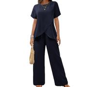 OPPOQ Traje Informal Liso para Mujer, Moda 2025, Cuello Redondo, Manga Corta, Top con Abertura Irregular, Pantalones con Cintura elástica, Conjunto de Dos Piezas,Azul,XL
