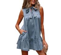 OPPOQ Vestido Vaquero Holgado sin Mangas para Mujer, Verano 2025, con Lazo y Cordones, Lavado, de Mezclilla, Corto, Ropa Femenina,Azul,M