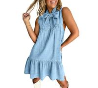 OPPOQ Vestido Vaquero Holgado sin Mangas para Mujer, Verano 2025, con Lazo y Cordones, Lavado, de Mezclilla, Corto, Ropa Femenina,Light Blue,XL