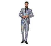 OppoSuits Traje Plateado para Hombre, Disfraz de Fiesta de Año Plateado a Cuadros holográficos, Incluye Chaqueta, Pantalones y Corbata a Juego, Discoballer, 54