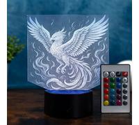 Optechvisual Lámpara LED Phoenix - Luz nocturna 3D con cambio de color y mando a distancia - Diseño de fénix con llamas - Decoración de fantasía e idea de regalo