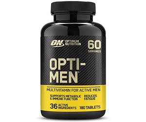 Optimum Nutrition Opti-Men, Multivitamínico de Alta Potencia para Hombres | 180 Comprimidos, 60 servicios, 36 Ingredientes Activos, Vitaminas A-K, 1.000mg BCAAs, para Hombres Activos, con las Comidas