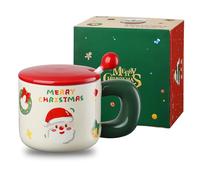 OPTVTAVITA Taza de cerámica de Navidad con tapa y cuchara, 380 ml, linda taza de café navideña, bonita taza de cerámica para mujeres, hombres, niños, con caja de regalo (rojo)