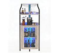 OPULENTHOME - Armario para vino de esquina de 172 cm con iluminación LED y toma eléctrica - Mueble bar con puerta de cristal, portabotellas extraíble y aparador de cocina para comedor y salón