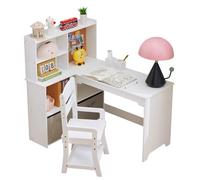 OPULENTHOME - Conjunto de silla de oficina infantil de madera con 2 estantes y nichos abiertos, escritorio de esquina con 4 armarios, mesa infantil y silla para dormitorio, dormitorio infantil (105 x