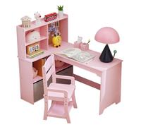 OPULENTHOME - Conjunto de silla de oficina infantil de madera con 2 estantes y nichos abiertos, escritorio de esquina con 4 armarios, mesa infantil y silla para dormitorio, dormitorio infantil (105 x