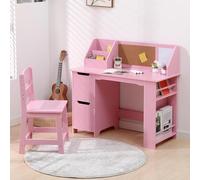 OPULENTHOME - Mesa de estudio y silla para niños, mesa de aprendizaje de madera con almacenamiento, tapete y tablón de anuncios, escritorio de ordenador con silla para niños y niñas de 3 a 8 años de